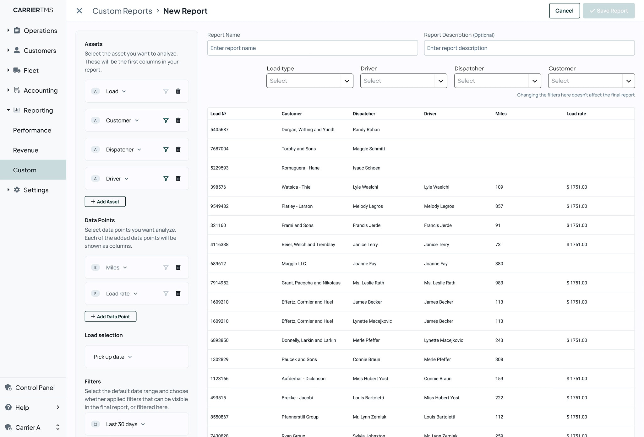 Carrier TMS, Custom Reports screen